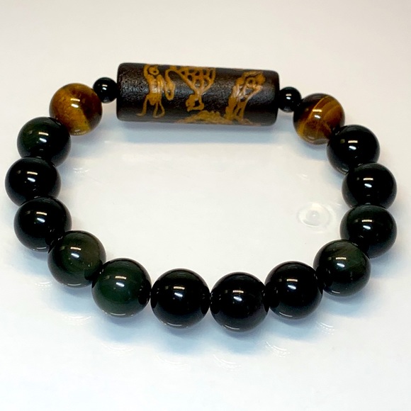 RAINBOW OBSIDIAN + TIGERS EYE + TIBETAN TUBE STONES  NATURAL BRACELET size 7.5” - Picture 8 of 11